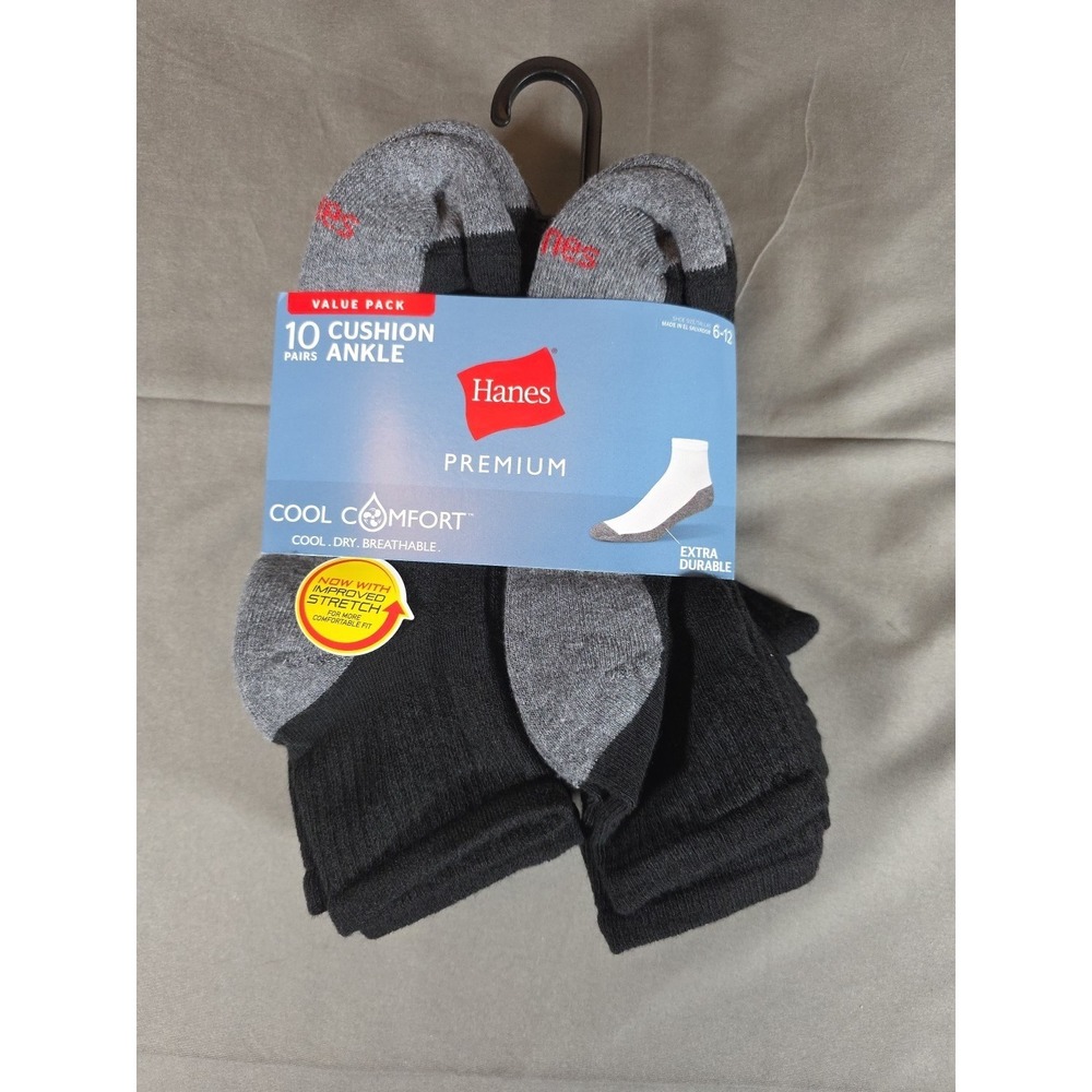 Hanes Premium Men's Ankle Socks 10pack - Black Grey - Shoe size 6-12 - New